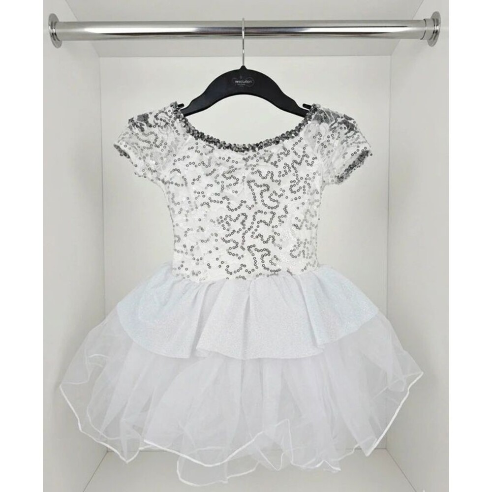 A Wish Come True Sequin Bride Tutu Dance Costume Size MC White Silver